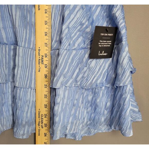Lulus Dress Womens Large Blue Metallic Ruffle Off Shoulder Mini Tiered Party New - Picture 7 of 12